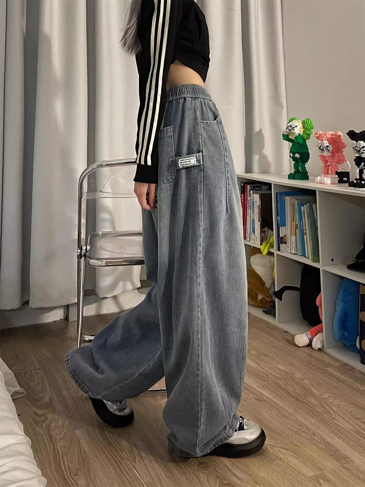 Spring Women Vintage Baggy Jeans Elastic Waist Oversized American Trouser Denim Wide Leg Streetwear Straight Basic Pants