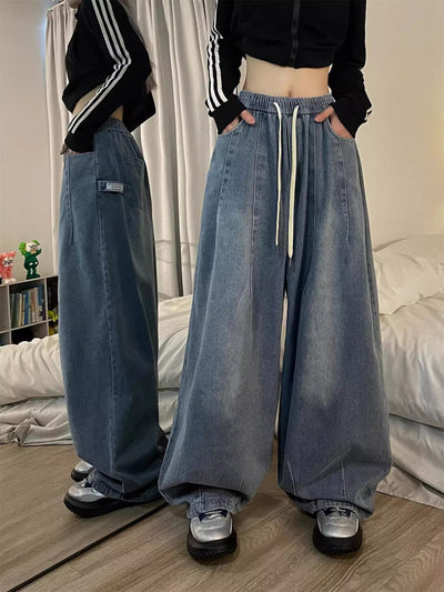 Spring Women Vintage Baggy Jeans Elastic Waist Oversized American Trouser Denim Wide Leg Streetwear Straight Basic Pants