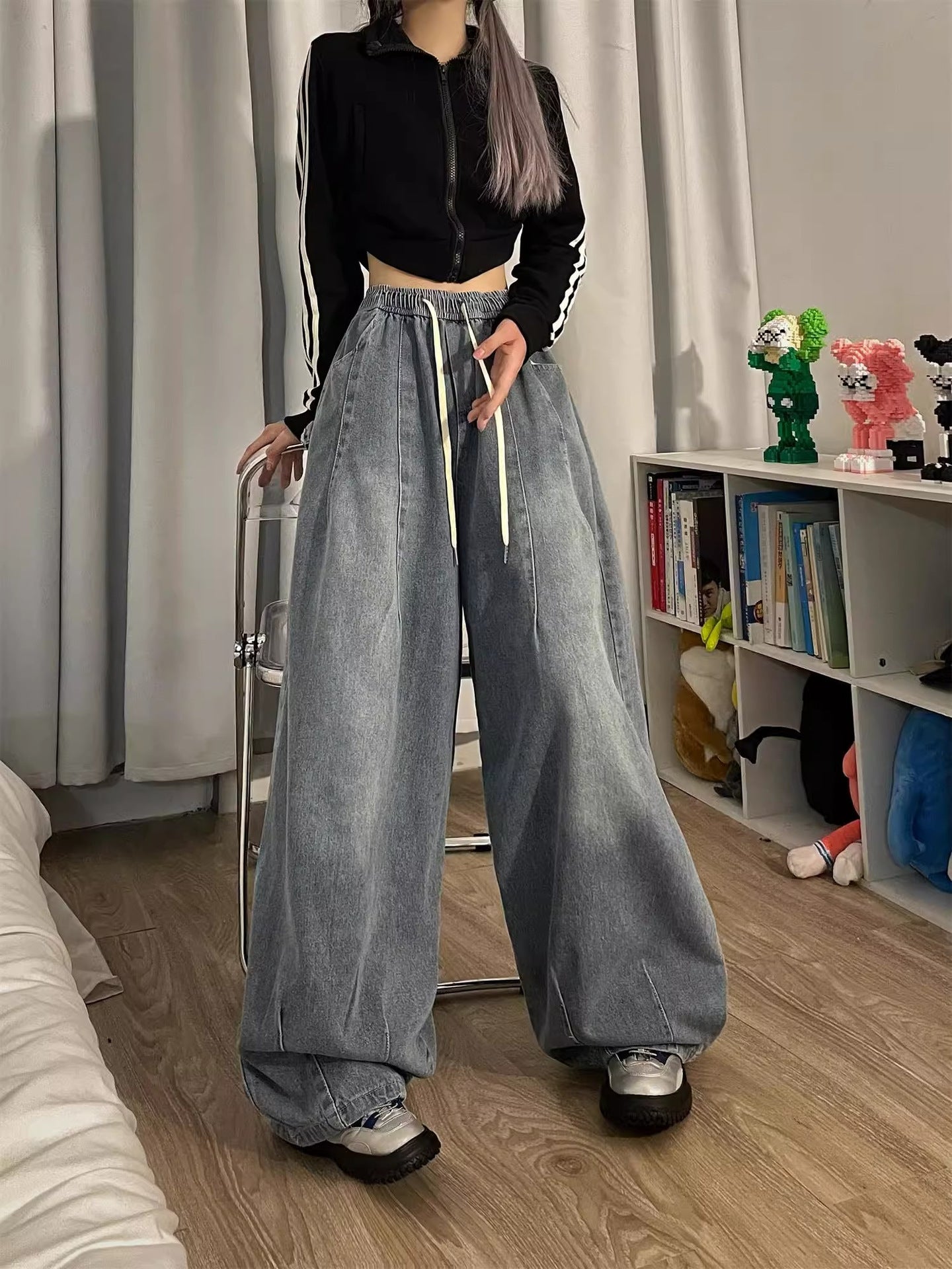 Spring Women Vintage Baggy Jeans Elastic Waist Oversized American Trouser Denim Wide Leg Streetwear Straight Basic Pants