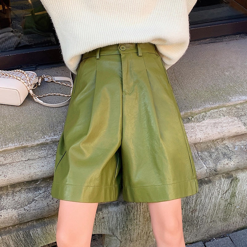 S-3XL Fashion PU Leather Shorts Women's Autumn Winter Bermuda Elastic Waist Loose Five Points Leather Trouser Plus Size Shorts